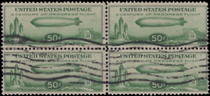 SAVOYSTAMPS-USA-BLOCK-1933-AIRMAIL 50¢ "CHICAGO" ZEPPELIN-Sc# C18 BLK OF 4 USED