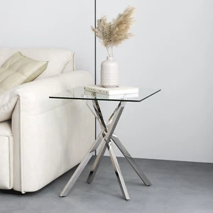 Small Glass End Table with Chrome Legs for Living Room Square Side Table Modern - Picture 1 of 12