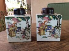 set of 2 Chinese polychrome porcelain covered tea caddies, late Qing