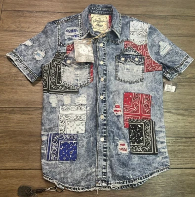 Smugglers Moon Blue Denim Patchwork Button Up Shirt Mens Size M Grunge Retro - Image 1 of 4