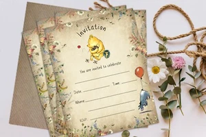 Winnie the Pooh Christening, Baby Shower, Birthday Invitations & Envelopes - Picture 1 of 2