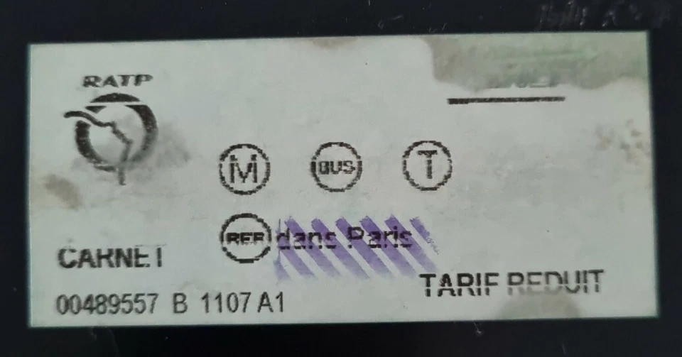 TICKET RATP Métro - bus - rer - T - TARIF REDUIT - coul VERT - PARIS - CARNET   - Photo 1/2