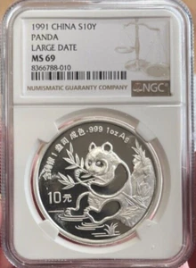 China 1991 Silver Panda, 1 ounce, 10 Yuan, Large Date NGC MS-69 Freshly Graded - Picture 1 of 2
