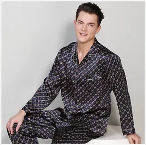 Men's Print 100% Mulberry Silk Pajamas Set Long Sleeves Silk Sleepwear S M L XL - Picture 1 of 7