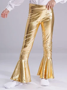 Kids Shiny Metallic Flare Pants Girls High Waist Ruffle Hem Bell-Bottom Pants - Picture 1 of 66