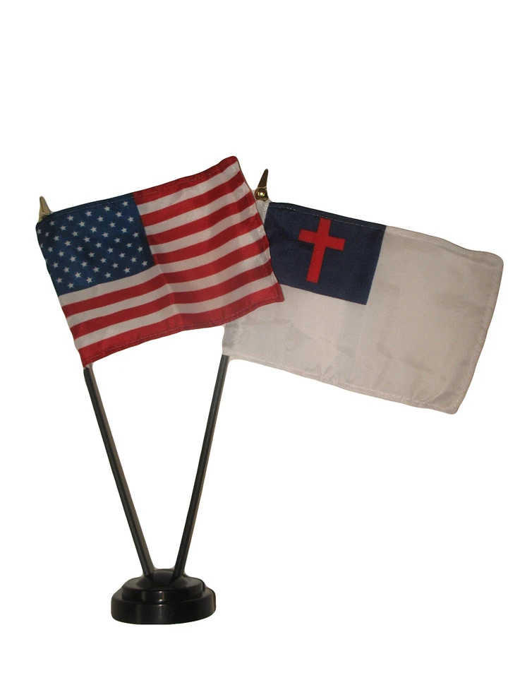 USA American w/ Christ Christian Flag 4"x6" Desk Set Table Stick Black Base - Image 1 of 1