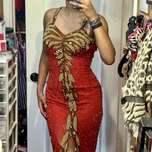 Red, Gold Silk Beaded Vintage Evening Gown - Picture 1 of 5