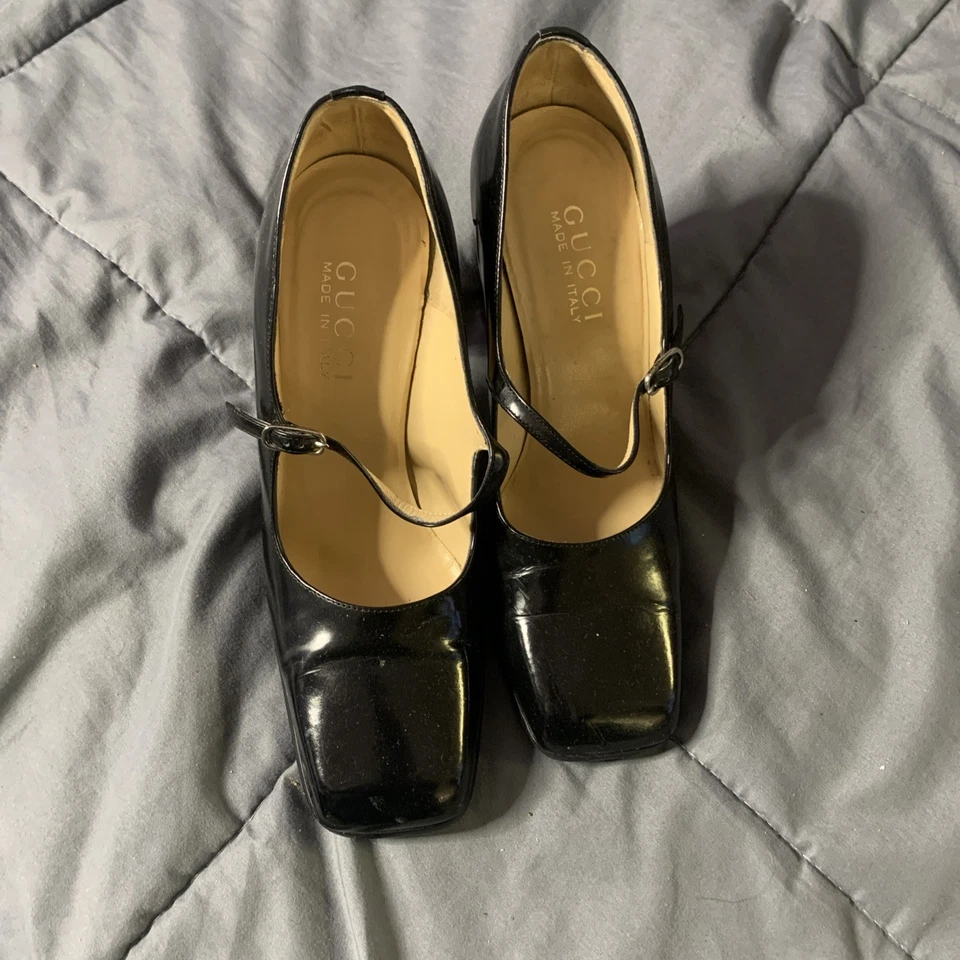 DE COLECCIÓN MUJER GUCCI CUERO NEGRO BLOQUE MADERA TACONES ZAPATOS RETRO PUNTERA CUADRADA TALLA 6.5B Foto 1 de 4