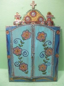 Antica latta Retablo Messico arte popolare Santo Niño de Cebú nicchia latta traforata 10,5x16 - Foto 1 di 4