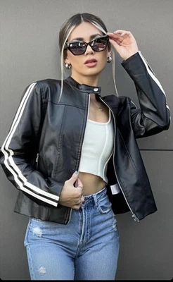 Chaqueta de cuero de piel de cordero negra a rayas blancas para mujer Abrigo de carreras de motociclista M L XL Foto 1 de 3