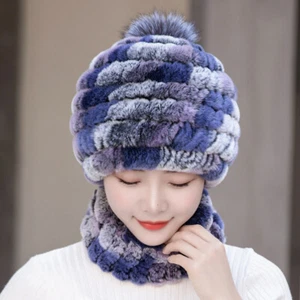 2022 Women's Warmer Rex Rabbit Fur Hat Scarf Set Ushanka Cossack Ski Winter Caps - Picture 1 of 26