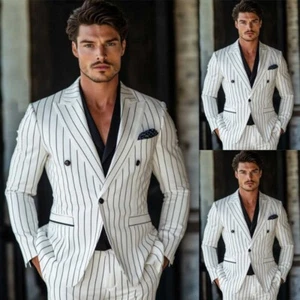 Men's White Striped Suit Peak Lapel Blazer Stylish Casual Business Slim Fit - Picture 1 of 9