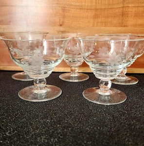5 Elegant Glass Etched Floral Low Champagne Coupe Sherbet Glasses 4" cut flower - Picture 1 of 17