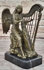 Fine Art Music Theme: Hot Cast Angel Harpist, Museum Quality Bronze Figurine Art