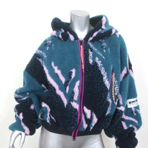 Aries Cropped Hooded Jacket Blue/Black Printed Fleece Size Large - Picture 1 of 8