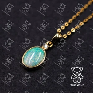 Minimalist Oval Australian Solid Opal & Diamond Pendant Necklace 18k Yellow Gold - Picture 1 of 4