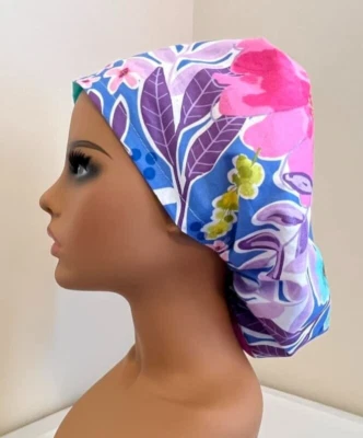 New Surgical SCRUB Hat Cap Euro Bonnet Floral Blue Chemo BBCB Medical Chef Hair - Image 1 of 4