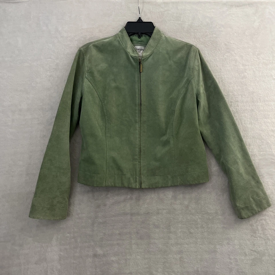 Chaqueta de cuero Chico's para mujer con cremallera completa verde lisa mediana 1 manga larga Foto 1 de 4