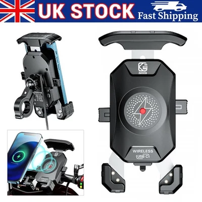 Phone Holder 15W Wireless Charger USB Charging Mount for Motorcycle Handlebar/UK - Image 1 of 4