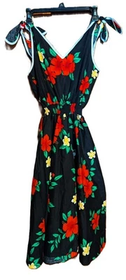 Royal Creations Hawaiian Medium Black Floral Dress Sundress Tied PET RESCUE - Image 1 of 4