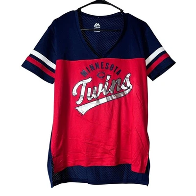 NUEVO CON ETIQUETAS MAJESTIC Minnesota Twins Mujeres Camiseta Top M Rojo Azul Marino MLB Camiseta de Fanático del Béisbol Foto 1 de 4