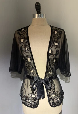 Vintage Anos 90 Y2K Malha Frisada Preta Art Nouveau Top Fita Laço Glam Gótico Vitoriano - Imagem 1 de 4