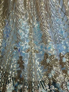 Beige Sparkly Wedding Embroidered  Lace With Sequins. Bridal dress lace, BTY - Picture 1 of 7