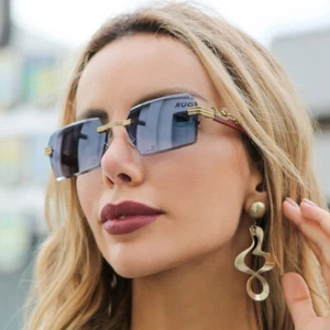 Modische quadratische Sonnenbrille mit Holzmaserung Herren Damen randlos Hip-Hop-Schirme Brille - Bild 1 von 16