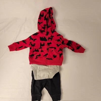 Carter's 3 Pc Fleece Jacket/Cotton Top/Pants Set Wild Animals Red/Black NewBorn - Image 1 of 4