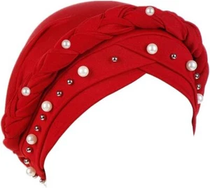 Women Hijab Beading Pearl Braid Turban Hat Head Scarf Cancer Chemo Red - Picture 1 of 7