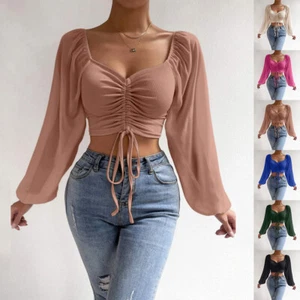 Womens Sexy Crop Tops Drawstring Summer Beach Clubwear Party T Shirt Size 6-16 - Picture 1 of 29