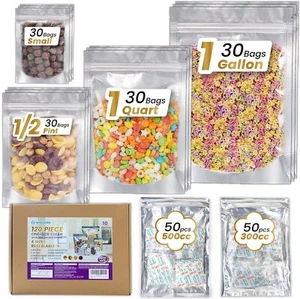 120pc Mylar Bag for Food Storage with 300cc Oxygen Absorbers, 4 Sizes Mix Bundle - Picture 1 of 8