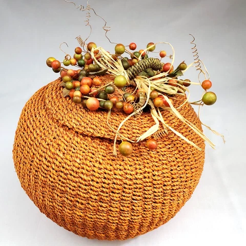 10" X 12" Woven Orange Pumpkin w/ Lid Topper Storage Decor Halloween Basket Cover