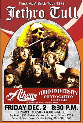JETHRO TULL 1972 Concert Poster  ATHENS OHIO Convocation Center GIG POLE POSTER - Image 1 of 2