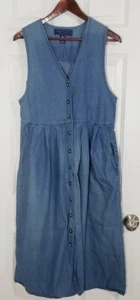VTG 90s Denim Maxi Dress Size Sm Pinafore Pleated Sleeveless Button Down Pockets - Picture 1 of 5