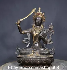 Antica scultura bodhisattva 12,8" gemme tibetane rame buddismo Wenshu Manjushri - Foto 1 di 9