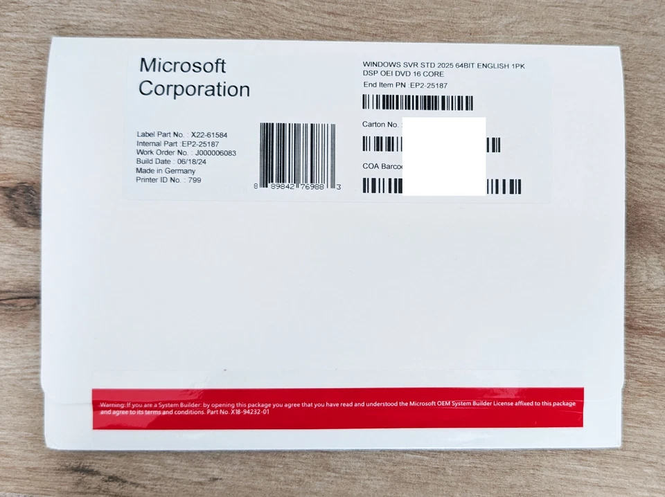 Microsoft Windows Server Standard 2025 64bit 16 Core DVD OEM EP2-25187 NEU - Bild 1 von 1