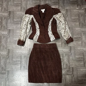Women’s Caché Brown 2 Piece Jacket & Skirt 100% Rayon Made In U.S.A Size 10 - Picture 1 of 17