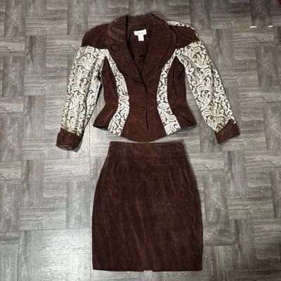 Women’s Caché Brown 2 Piece Jacket & Skirt 100% Rayon Made In U.S.A Size 10 - Image 1 of 4