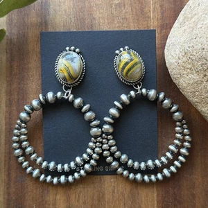 Pendientes Navajo de Plata de Ley Amarillo Abejorro Jaspe Perla Doble Lazo Etta - Imagen 1 de 12