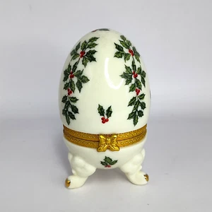 Porcelain Footed Egg Trinket Box Holly Berries HInged Lid Christmas Formalities - Picture 1 of 8