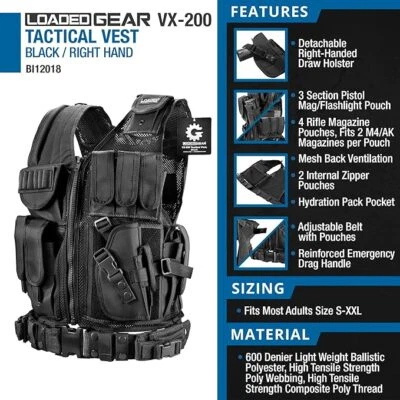 Chaleco táctico negro Barska Loaded Gear VX-200 mano derecha con funda BI12018 Foto 1 de 4