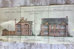 Dibujo de lino de arquitecto dibujado a mano casa de colores Duchess Drive Blackpool años 30 - Imagen 1 de 4