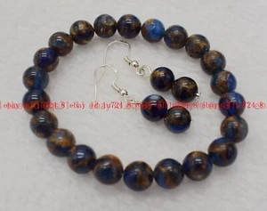 6/8/10mm Blue Gems in Quartz with Pyrite Round Gems Beads Bracelet Earrings Set - Picture 1 of 12