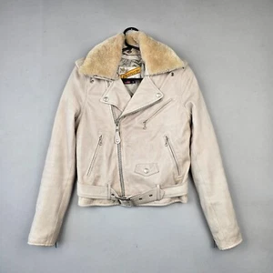 Vintage Schott Perfecto Leather Jacket Womens Small Cream Biker Fur Collared B53 - Picture 1 of 21