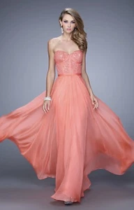 La Femme Coral Chiffon Sweetheart Fit Flare Prom/Evening Homecoming Dress Size 2 - Picture 1 of 5