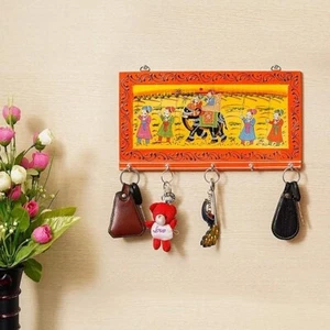 Portachiavi da appendere in legno opera d'arte Rajasthan 6 ganci - Marrone (12 x 6 pollici) - Foto 1 di 13
