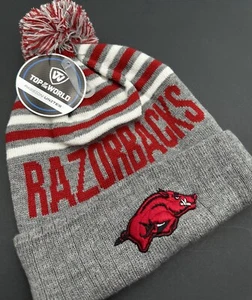 NCAA Arkansas Razorbacks Striped Knit Mens Beanie Toboggan Winter Hat Pom NEW - Picture 1 of 8