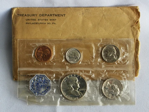 1956 US Proof Set 5 Coin Set 3 Silver Coins 1c-50c In Cello Sleeve with Envelope Cover