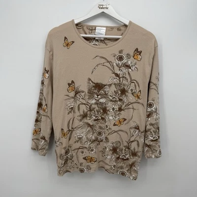 Camiseta Top Morning Sun Beige Marrón Gato Manga 3/4 Algodón Gatito Gatito XL Foto 1 de 4